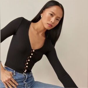 Reformation Gellar Black Ribbed Knit Crop Top with Buttons
